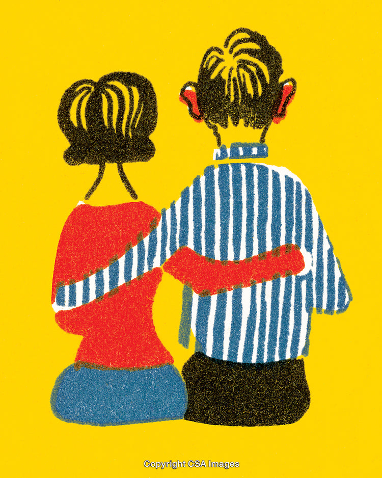Illustration of a Couple Sitting Together on a Vibrant Yellow Background