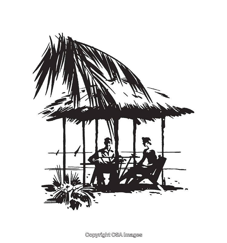 Tropical Hut Scene with Two People Relaxing Under Palm Thatched Roof