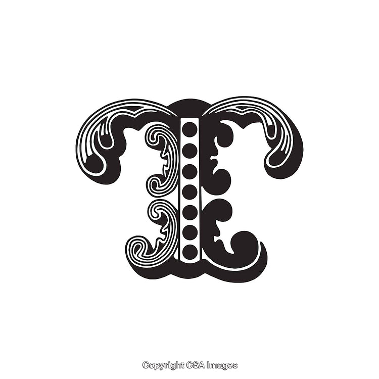 Intricate Black Ornamental Letter T in Decorative Style