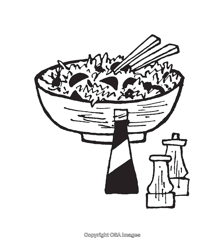Black And White Illustration of a Salad Bowl with Utensils and Condiments