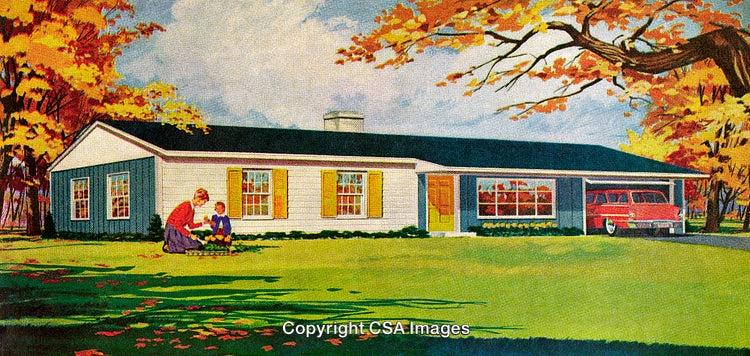 Vintage Illustration of a Family by a Ranch House in an Autumn Scene