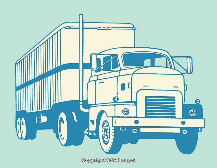Vintage Line Art Illustration of a Semi-Truck in Blue Tint