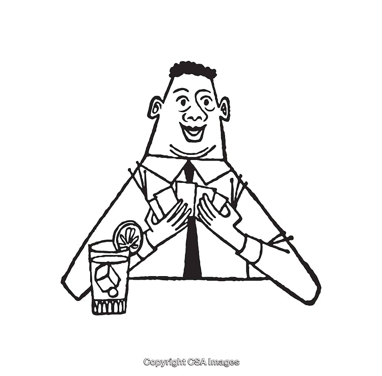 Black and White Illustration of a Happy Person Holding Cards