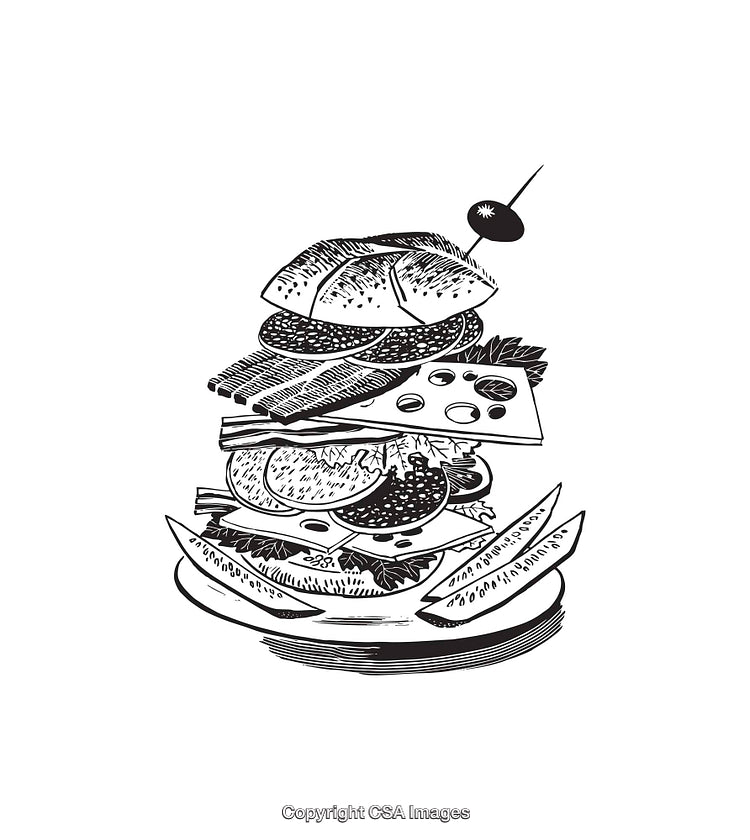 Black and White Line Art Sandwich Illustration with Various Layers