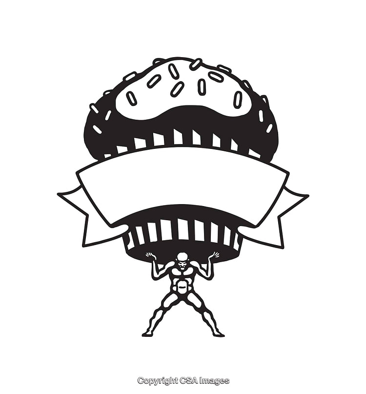 Strength Symbol of Figure Supporting a Cupcake with Sprinkles and Banner