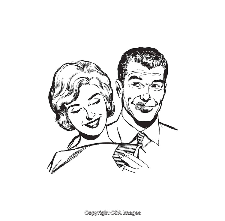 Retro Black and White Illustration of Smiling Couple in Formal Attire