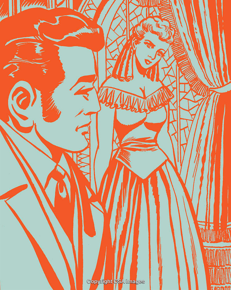 Vintage Illustrative Artwork Depicting a Period Romantic Scene in Bold Colors