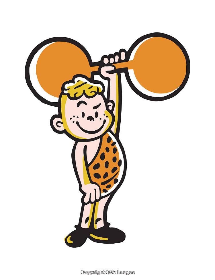 Cartoon Illustration of a Strong Caveman Weightlifting