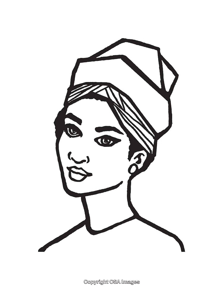 Black and White Line Art of a Woman Wearing Traditional Headscarf