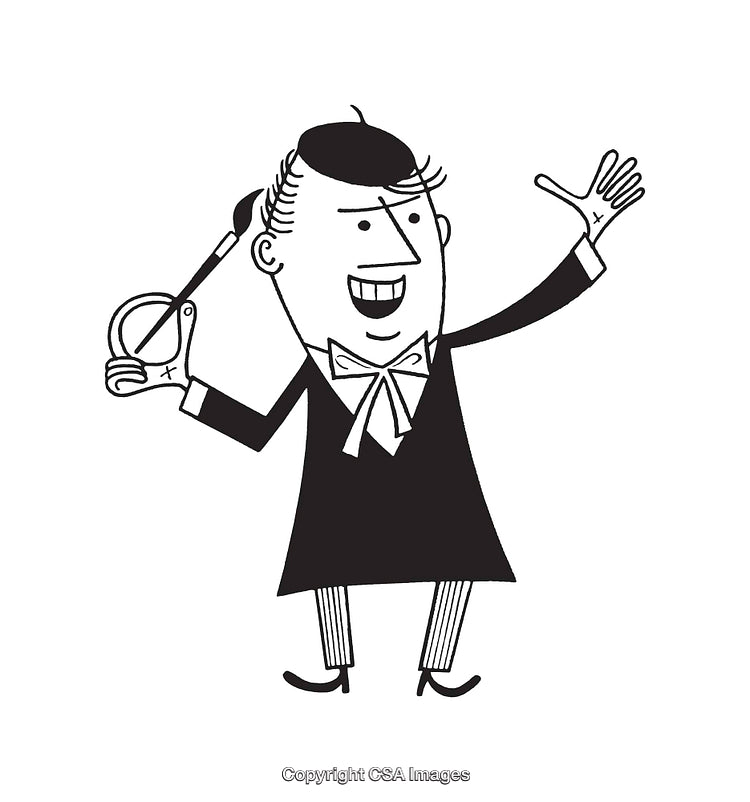 Black And White Line Art Illustration of a Cheerful Character With Props