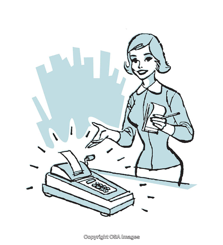 Retro Illustration of a Smiling Woman with a Receipt Machine