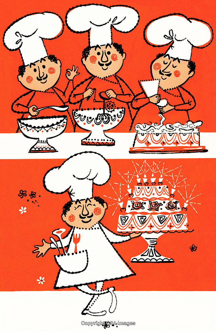 Chefs Baking and Decorating a Cake in Whimsical Illustration