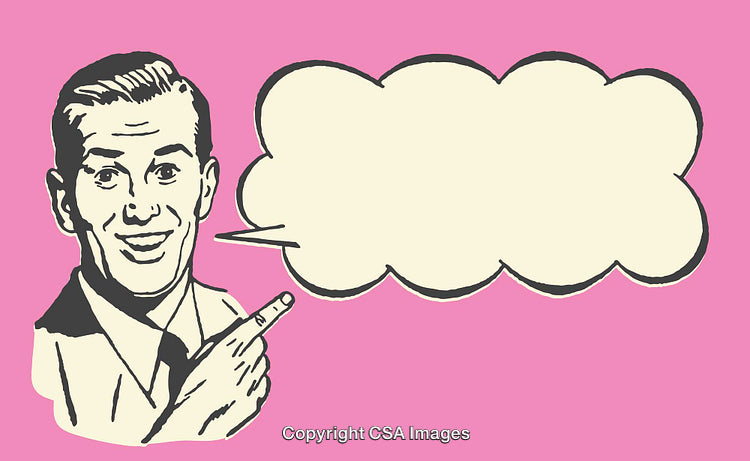 Retro Pop Art Man Pointing with Speech Bubble on Pink Background
