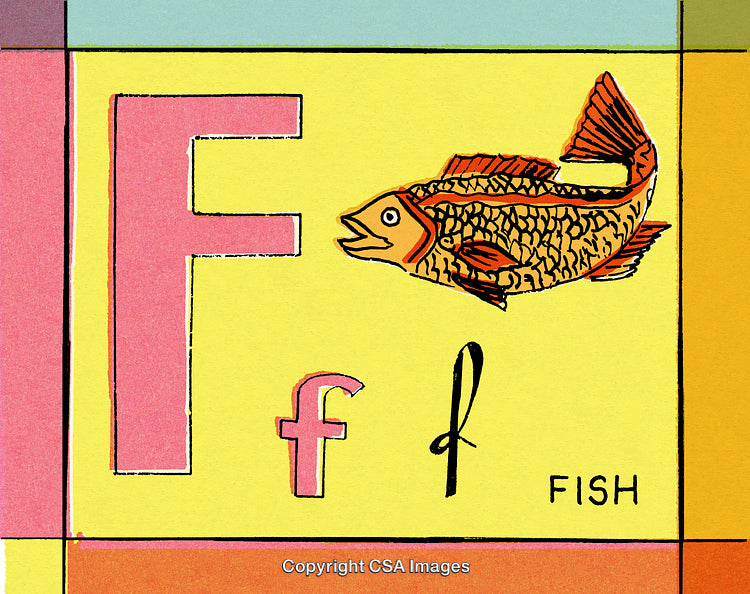 Colorful Educational Illustration Featuring the Letter F and a Fish Drawing