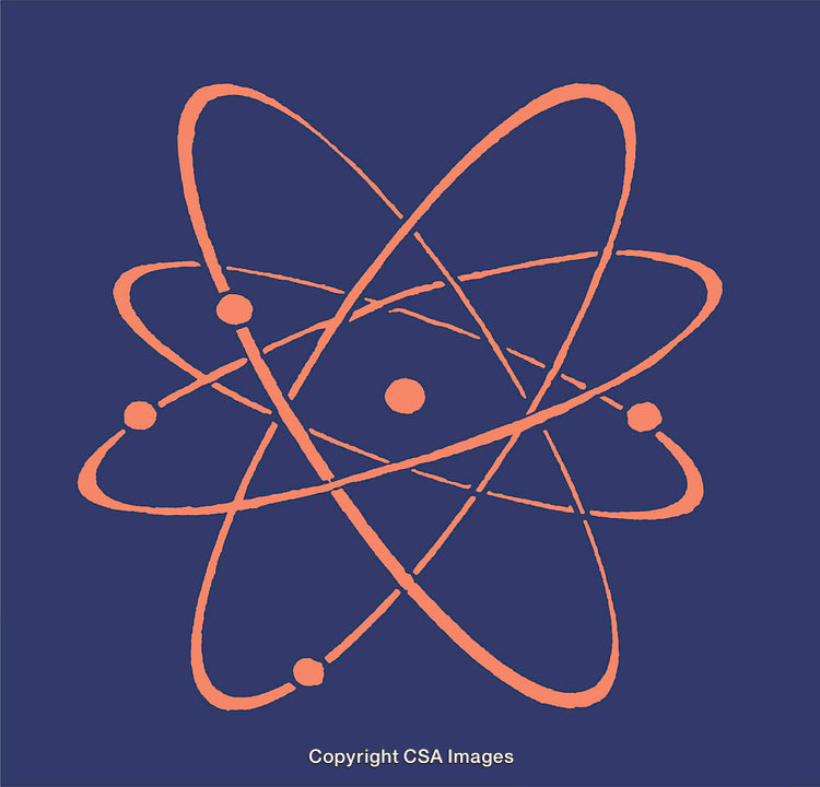 Atomic Structure Illustration with Rotating Electron Paths on Blue Background