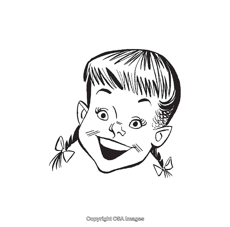 Vintage Black and White Illustration of a Cheerful Girl's Face