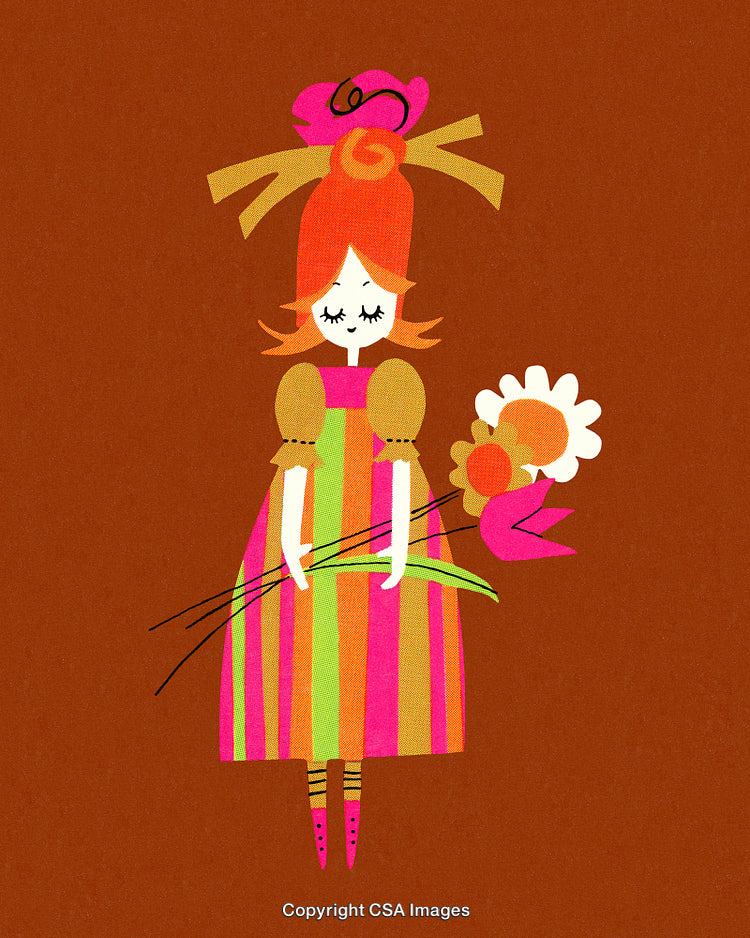 Stylized Illustration of a Girl Holding a Bouquet Against Plain Background