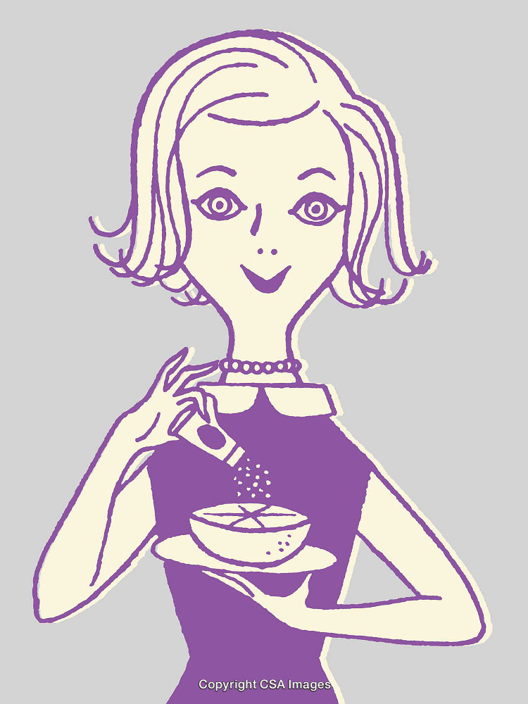 Vintage Style Illustration of a Woman Seasoning Soup with a Happy Expression