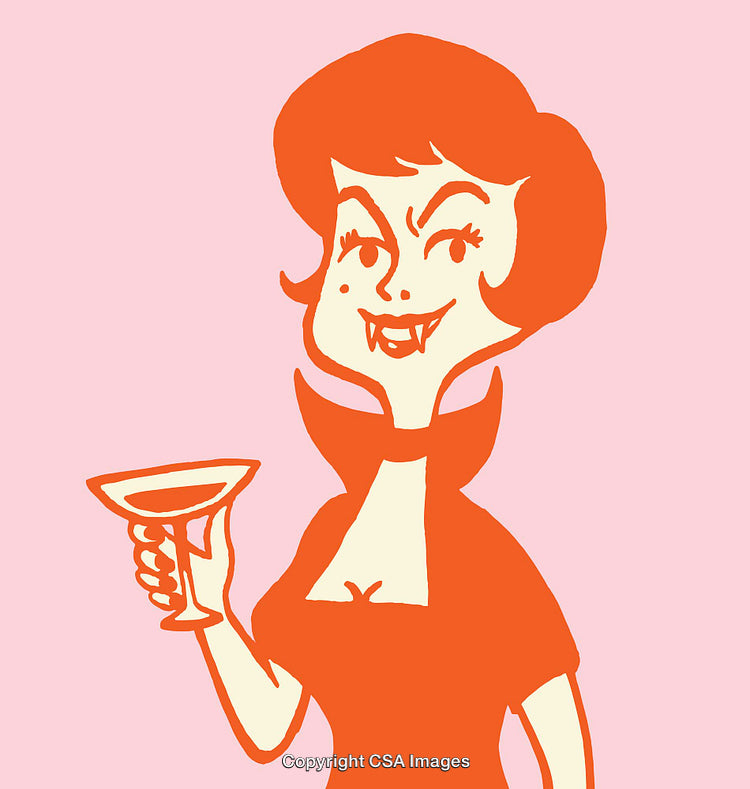 Retro Style Vampire Holding Cocktail Glass in Color Line Art Illustration