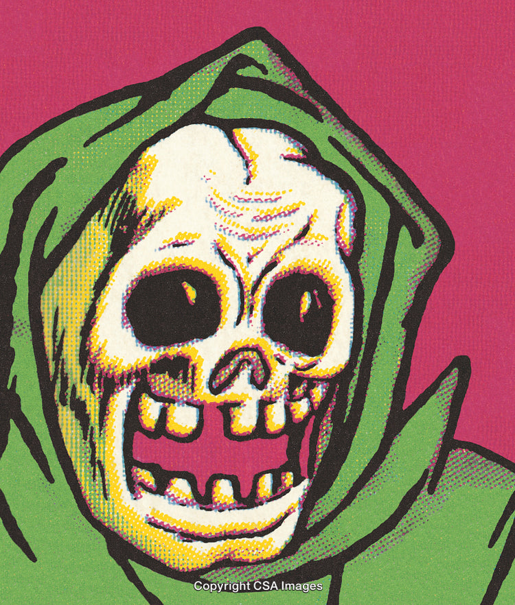 Vibrant Skeletal Illustration with Bold Colors and Comic Book Style