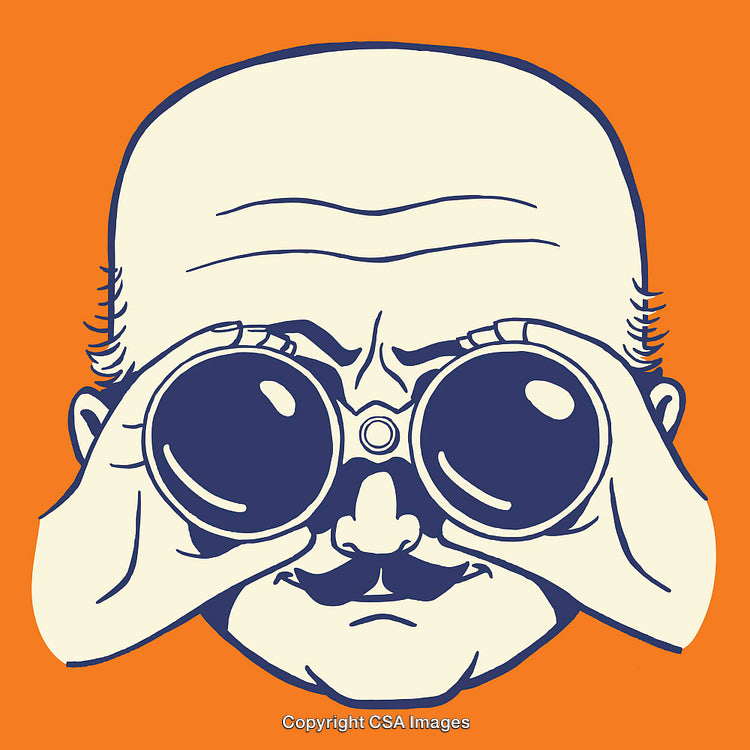 Retro Illustration of a Mustached Man Observing Through Binoculars