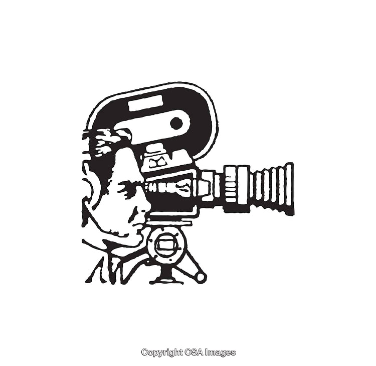 Vintage Film Camera Illustration with Filmmaker in Classic Line Art Style