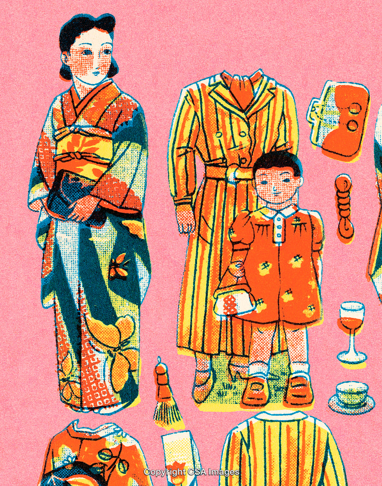 Whimsical Vintage Style Illustration Depicting Traditional and Modern Outfits