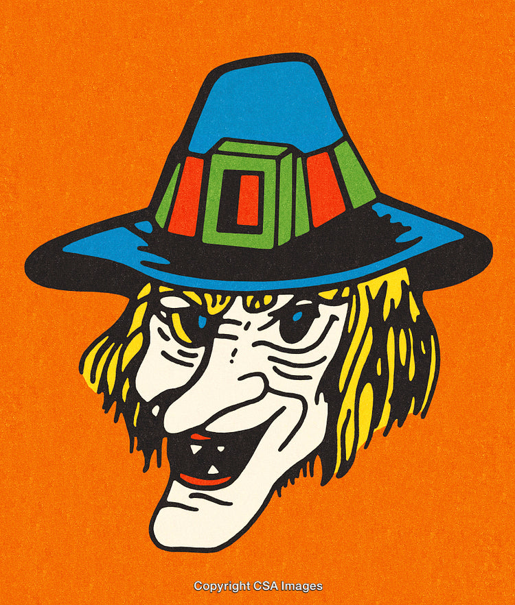 Vintage Colorful Illustration of a Witch Face with Orange Background