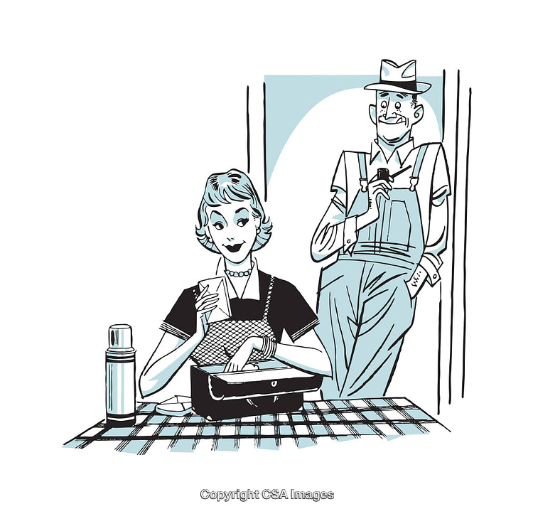 Retro Illustration of a Woman Packing Lunch With a Smiling Farmer Nearby