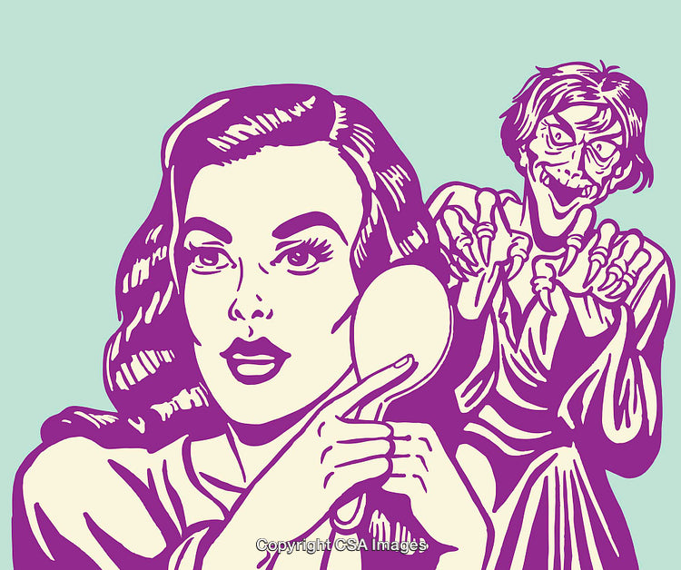 Woman with Mirror and Grinning Figure in Color Line Art Illustration