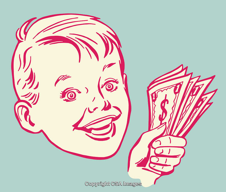 Retro Line Art Illustration of a Happy Child Holding Money Fan