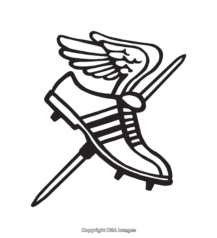 Black and White Illustration of a Winged Shoe with Spear Element