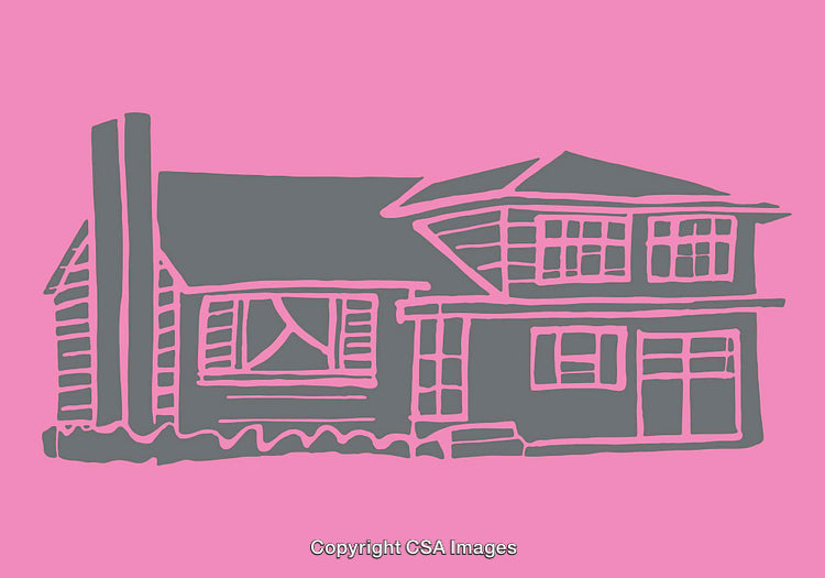 Stylized Line Art of a Suburban House on a Bold Pink Background