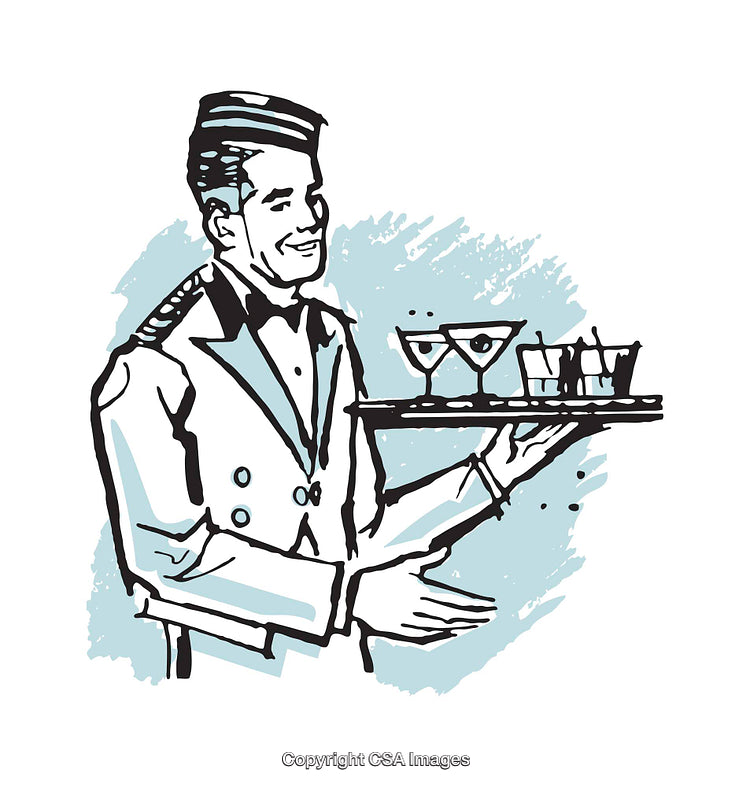 Illustrated Waiter Holding a Serving Tray with Drinks in Retro Style