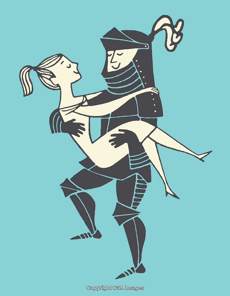 Whimsical Illustration of a Woman Embracing a Knight in Armor