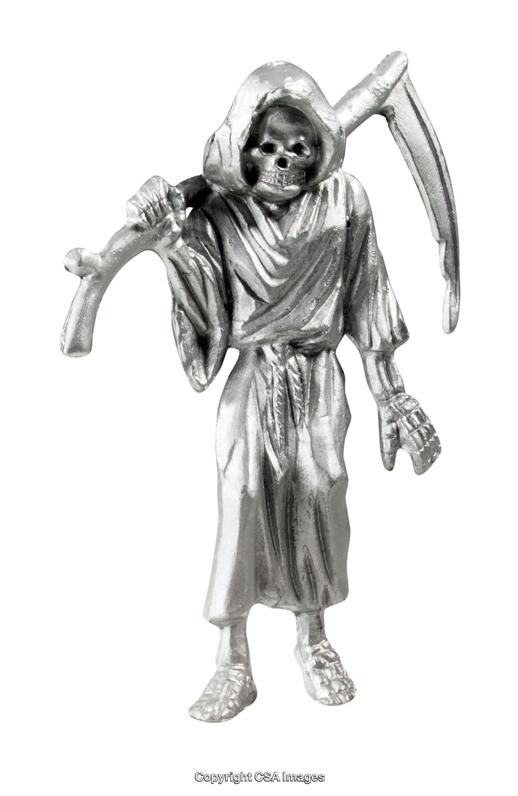 Metallic Grim Reaper Figurine Holding Scythe Isolated On White Background