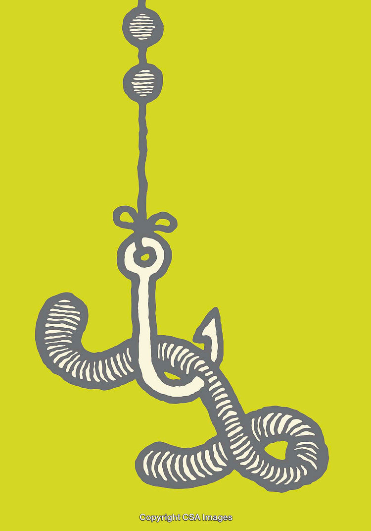 Illustrated Fishing Hook and Worm on Bright Green Background