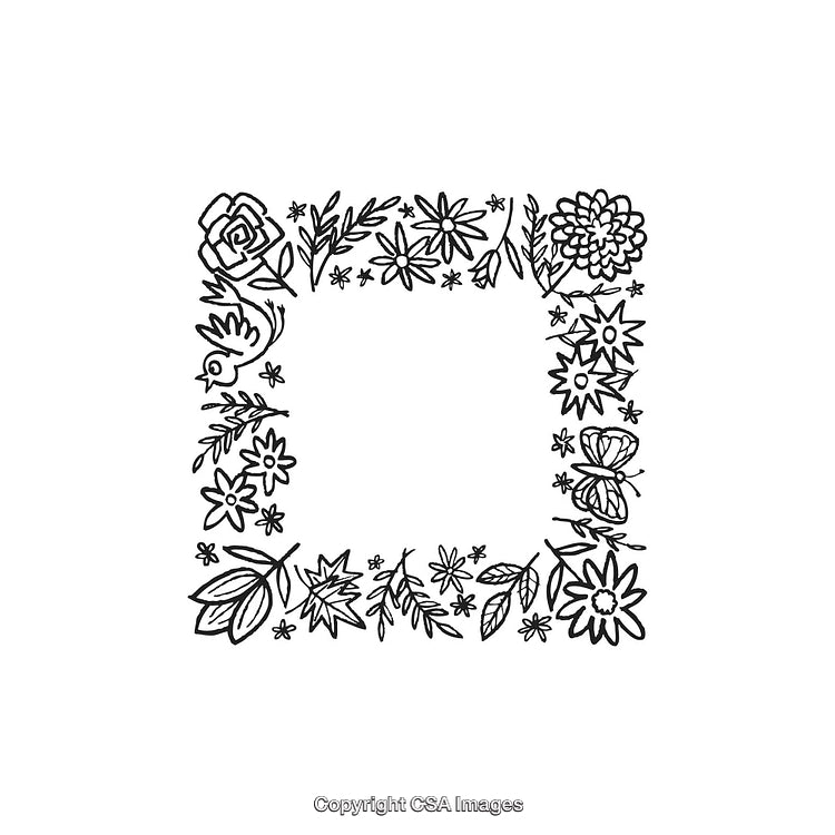 Ornamental Floral Frame with Butterfly in Hand-Drawn Black and White Style