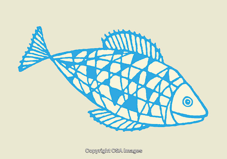 Bright Blue Artistic Fish Illustration with Unique Geometric Pattern Design