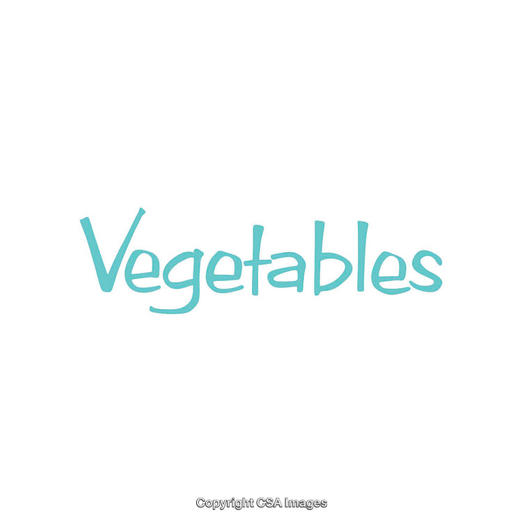 Blue Text Illustration of the Word Vegetables on a White Background