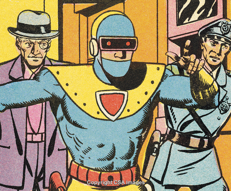 Retro Comic Hero Confronts Villains with Policemen in Vibrant Illustration