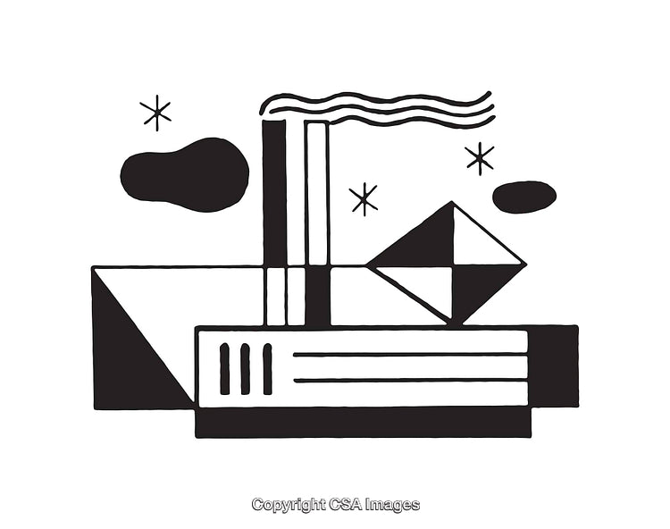 Black and White Geometric Line Art Depicting an Industrial Scene