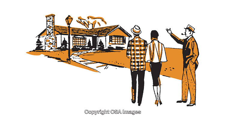 Retro Real Estate Illustration Featuring a Couple Touring a Suburban Home