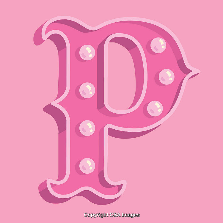 Pink Letter P with Decorative Pearls on a Solid Background