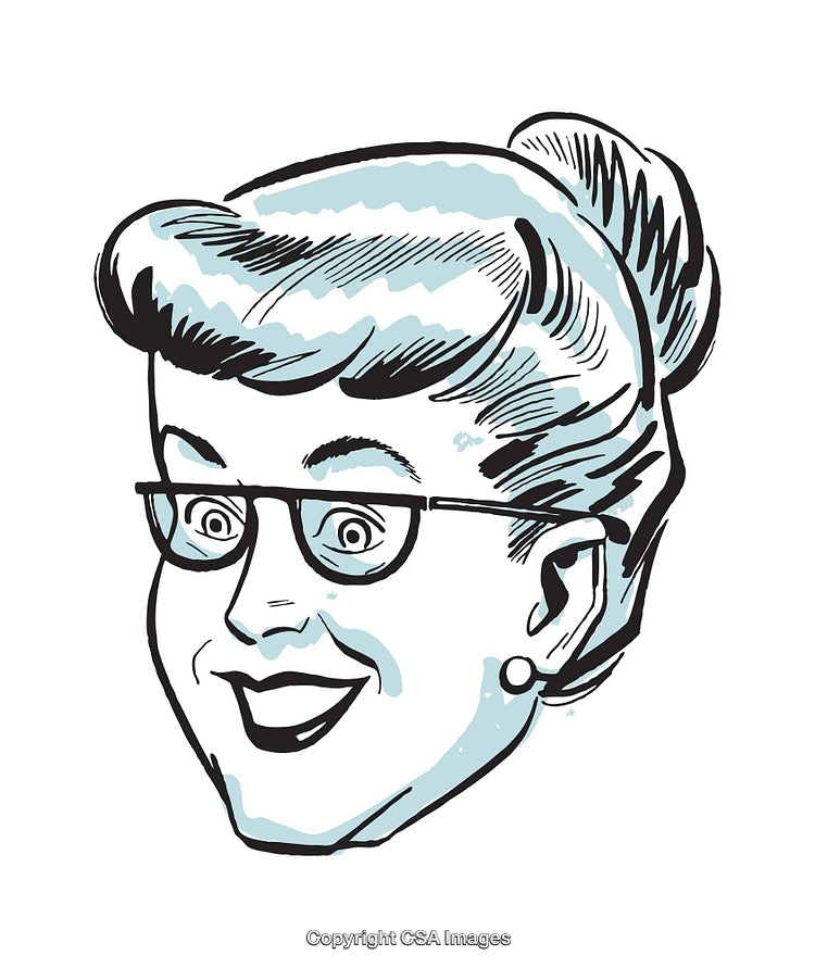 Retro Illustration of a Cheerful Woman Wearing Glasses and a Bun Hairstyle