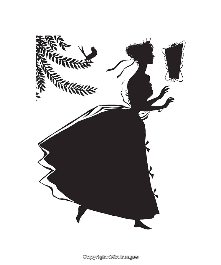 Elegant Silhouette of a Victorian Woman Holding a Mirror