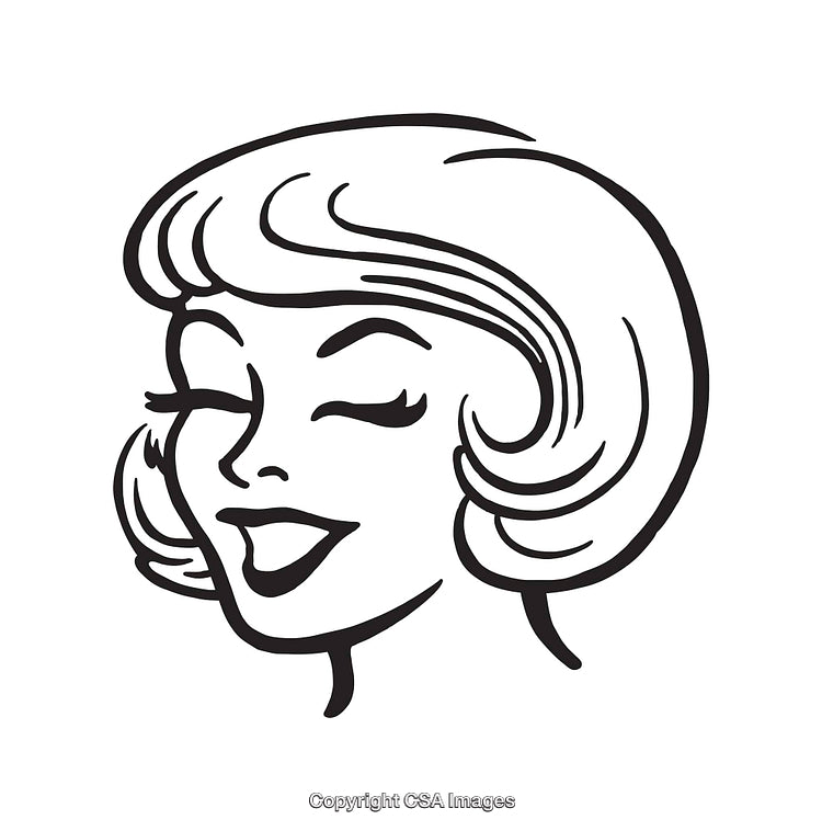 Smiling Retro Woman Line Art Illustration in Black and White
