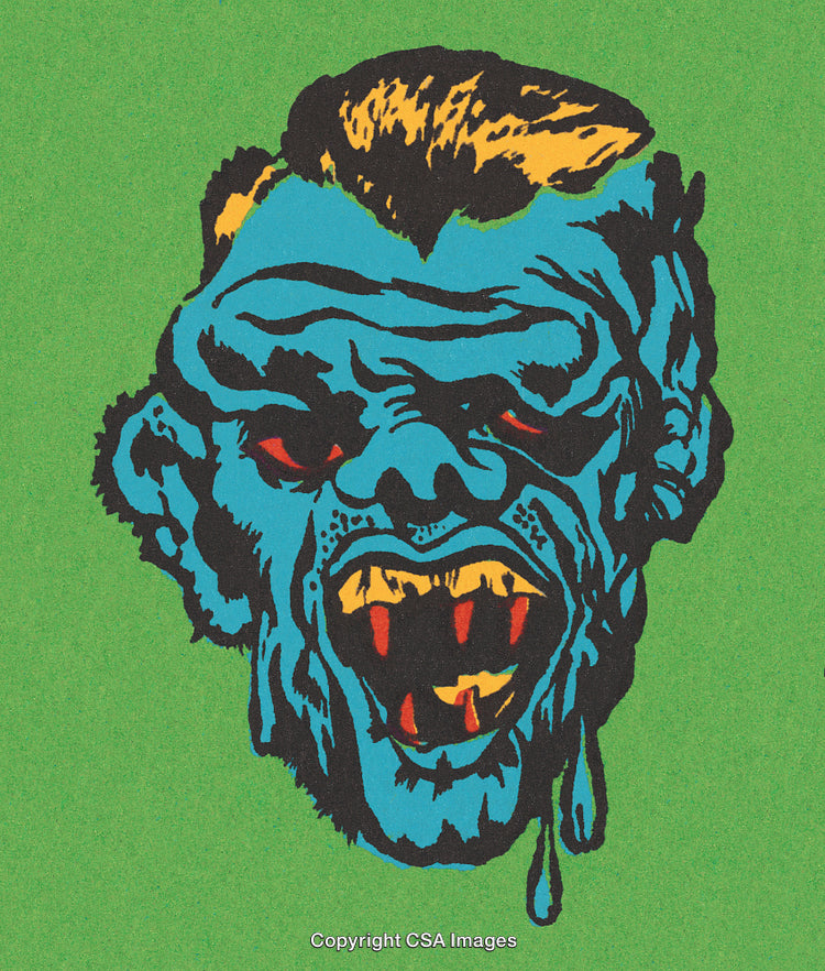 Colorful Stylized Illustration of a Fierce Monster Face on Green Background