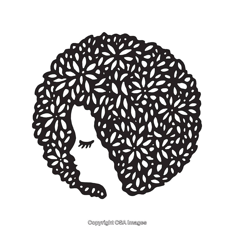 Stylized Line Art of Woman's Face with Floral Pattern Hair
