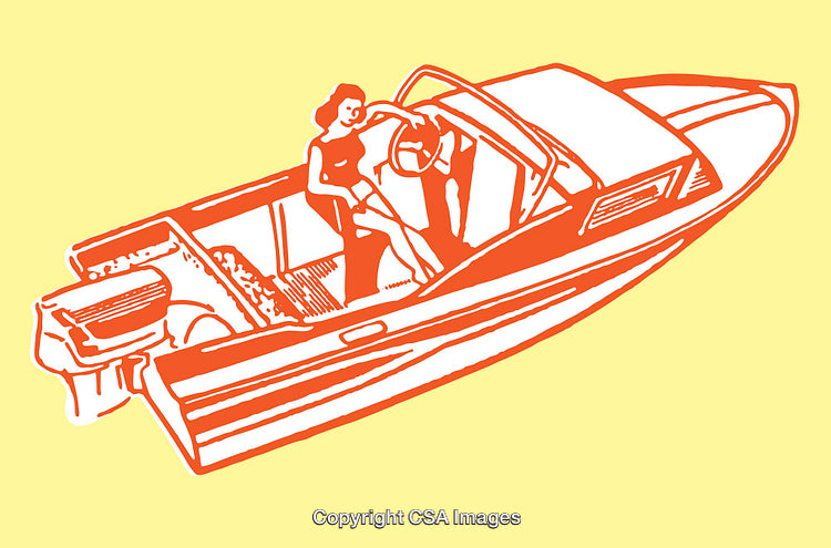 Colorful Line Art Illustration of People on a Motorboat, Yellow Background